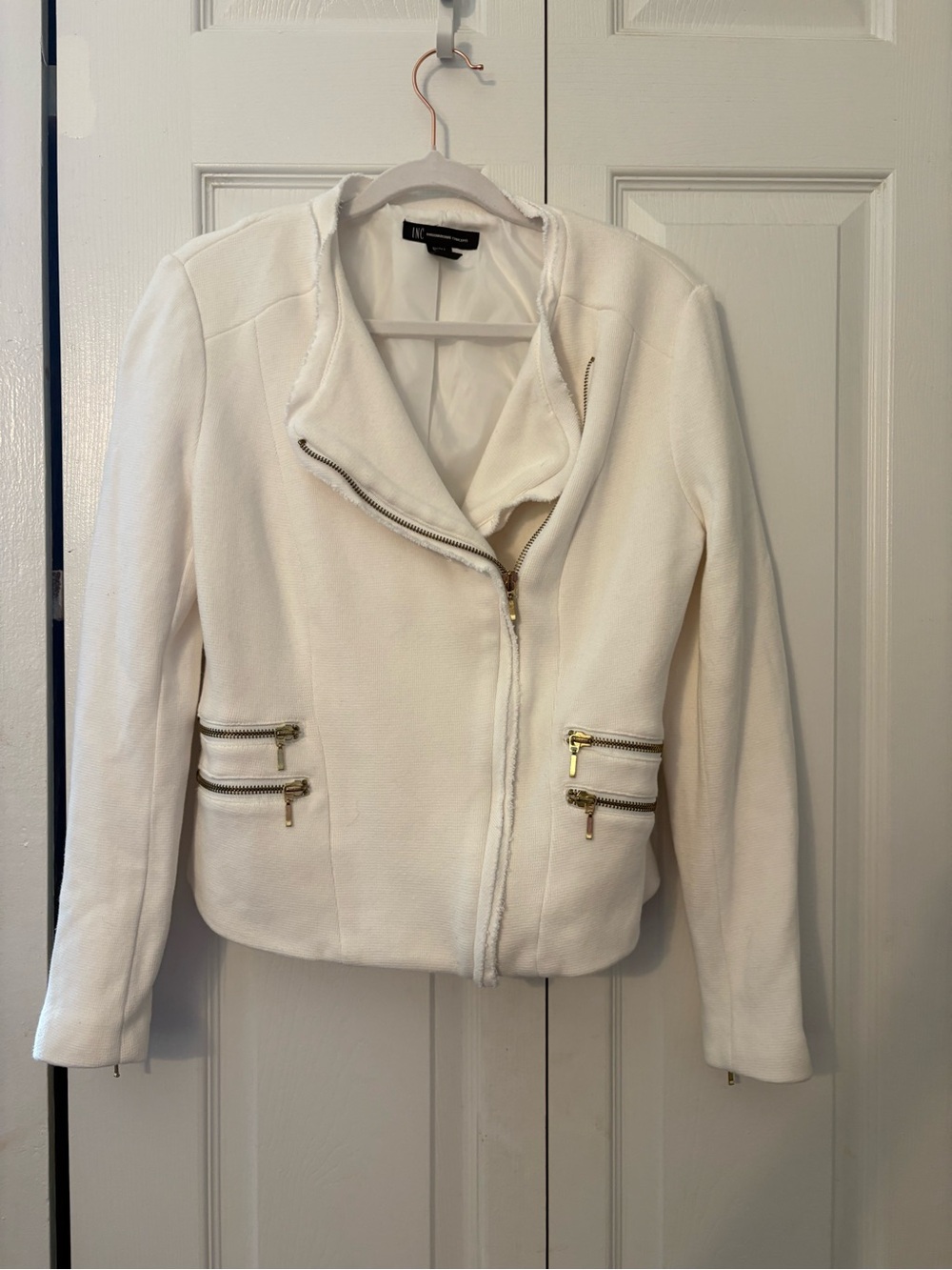 INC International Concepts White Asymmetrical Zip Jacket with Gold Hardware